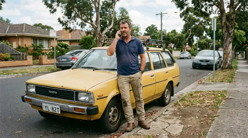 Man calling on phone near old car