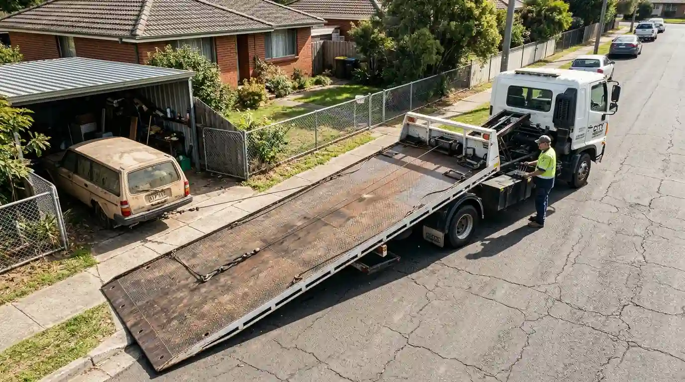 Tow truck collecting an unwanted car from a Gold Coast driveway
