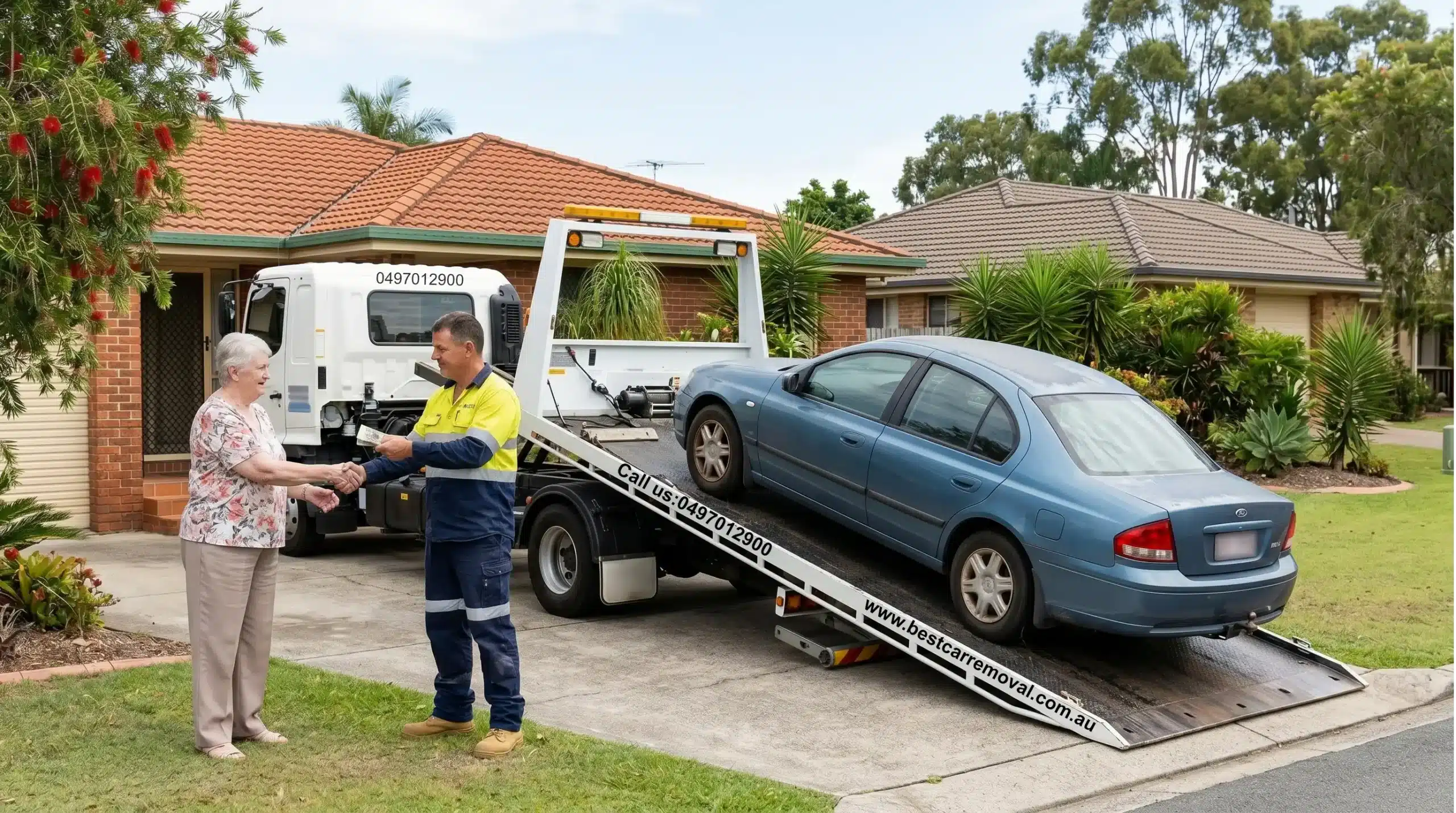 Tow truck collecting an unwanted car from a Brisbane driveway for cash for cars service